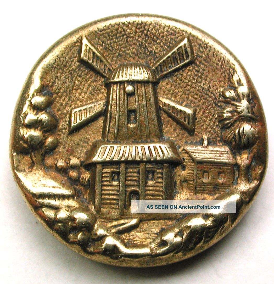 Antique Button Brass Windmill Scene 11/16 