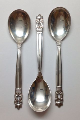 3 Georg Jensen Denmark Acorn Sterling Silver Egg Bowl Spoons,  6 1/4 