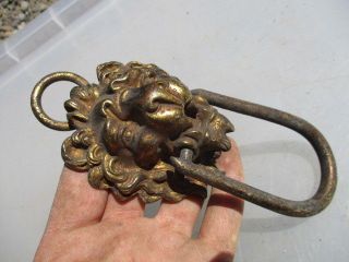 Antique Cast Brass Door Knocker Handle Pull Vintage Lions Head Hanging Loop Old photo