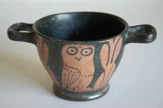 Good Ancient Greek Red Figure Owl Pottery Skyphos 4th Century Bc Wine Cup photo