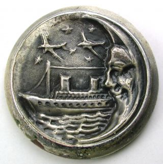 Antique Metal Button Cruise Ship W/ Crescent Moon Face Border - 1 & 1/16 