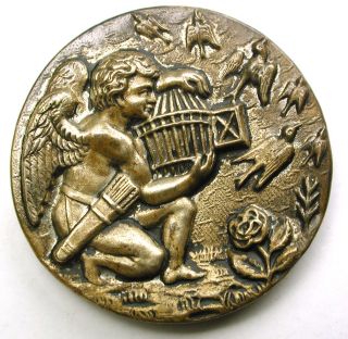 Antique Brass Button Cupid Releasing Birds From A Cage - 1 & 1/18 