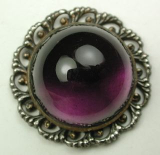 Antique Glass In Metal Button Lg Purple Dome Jewel W/ Fancy Pierced Border Md Sz photo