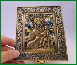 Russia Orthodox Bronze Icon The Virgin Hodegetria.  19th Century.  Enameled photo