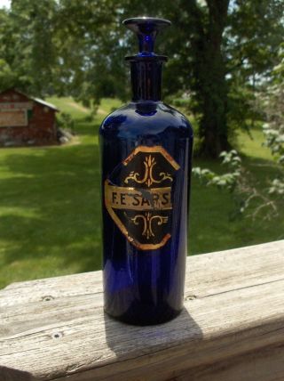 Early F.  E.  Sarsap Cobalt Blue Apothecary Drugstore Label Under Glass Lug Bottle photo