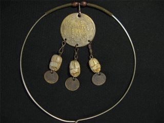 Vintage Coin Necklace W/3 Egyptian Canaanite Stone Scarabs Beetle Amulet Jewelry photo