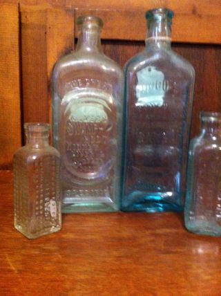 4 Old Apothecary Bottles.  Drug Store.  Snake Oil Sales.  2 Lg.  2 Sm. photo