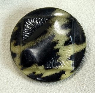 B518 1 Antique Button,  Celluloid Tight Top,  Black Beige Art Deco,  1 - 1/8 