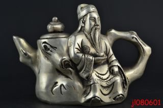 China Collectible Vintage Old Tibet Silver Carve Libai Statue Decor Teapot Noble photo