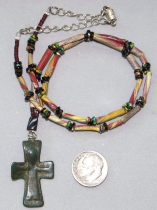 Ancient Mideival Cross Pendant Bronze Roman Beads Glass photo