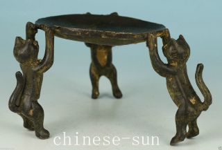 Tastefully Chinese Old Bronze Handmade Carving Cat Collect Statue Oil Lamp photo
