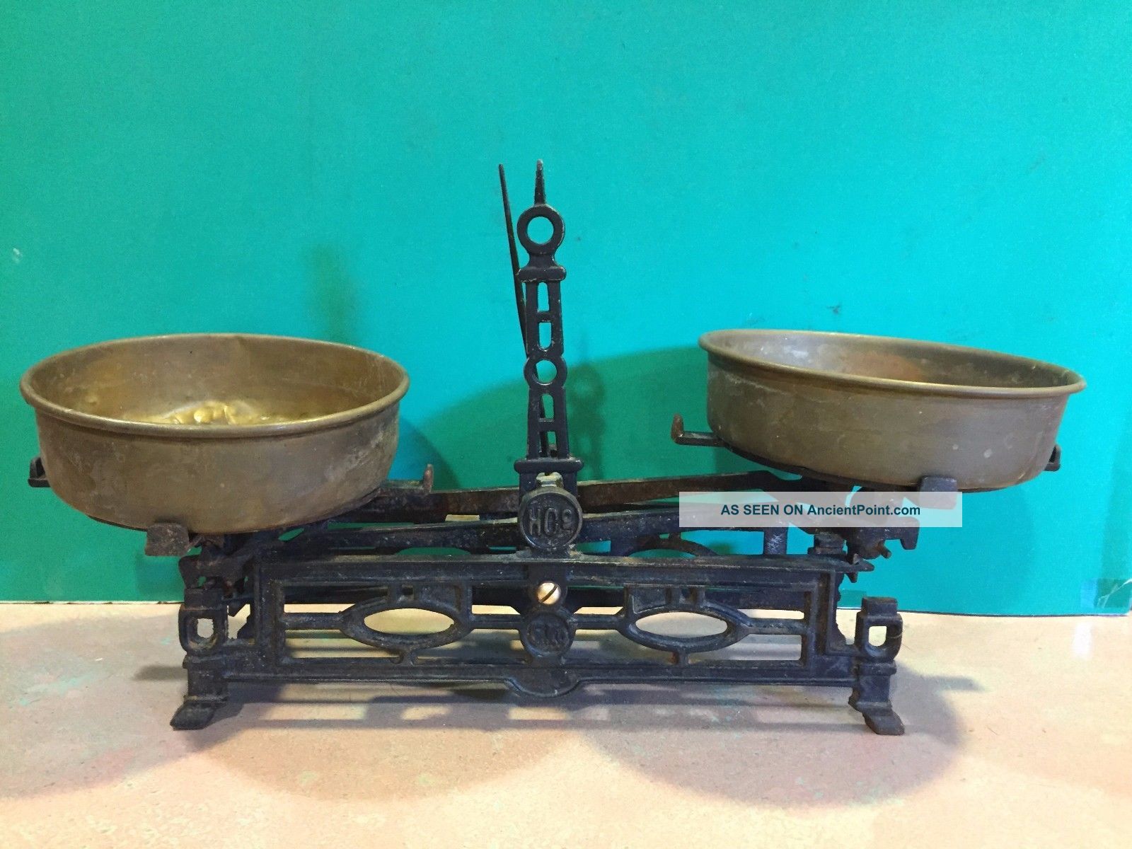 Antique 5kg Scale With Brass Pans Made By H.  Co Scales photo
