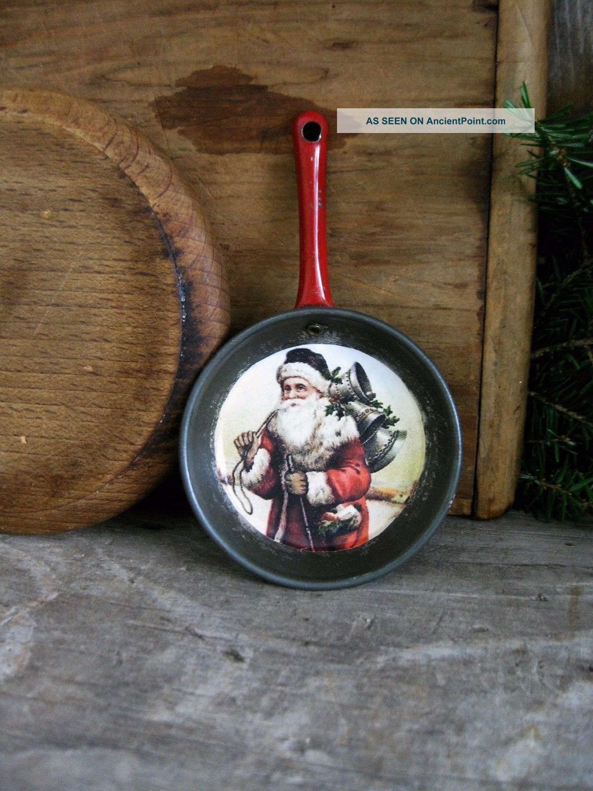Antique Tin Toy Pan With Old Postcard Print Santa Primitives photo