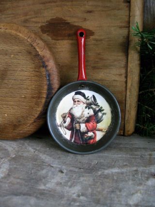 Antique Tin Toy Pan With Old Postcard Print Santa photo
