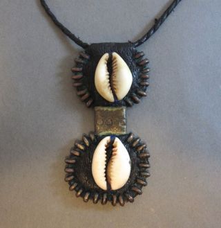 Vintage African Leather Brass & Cowrie Shell Necklace 24” 10g photo