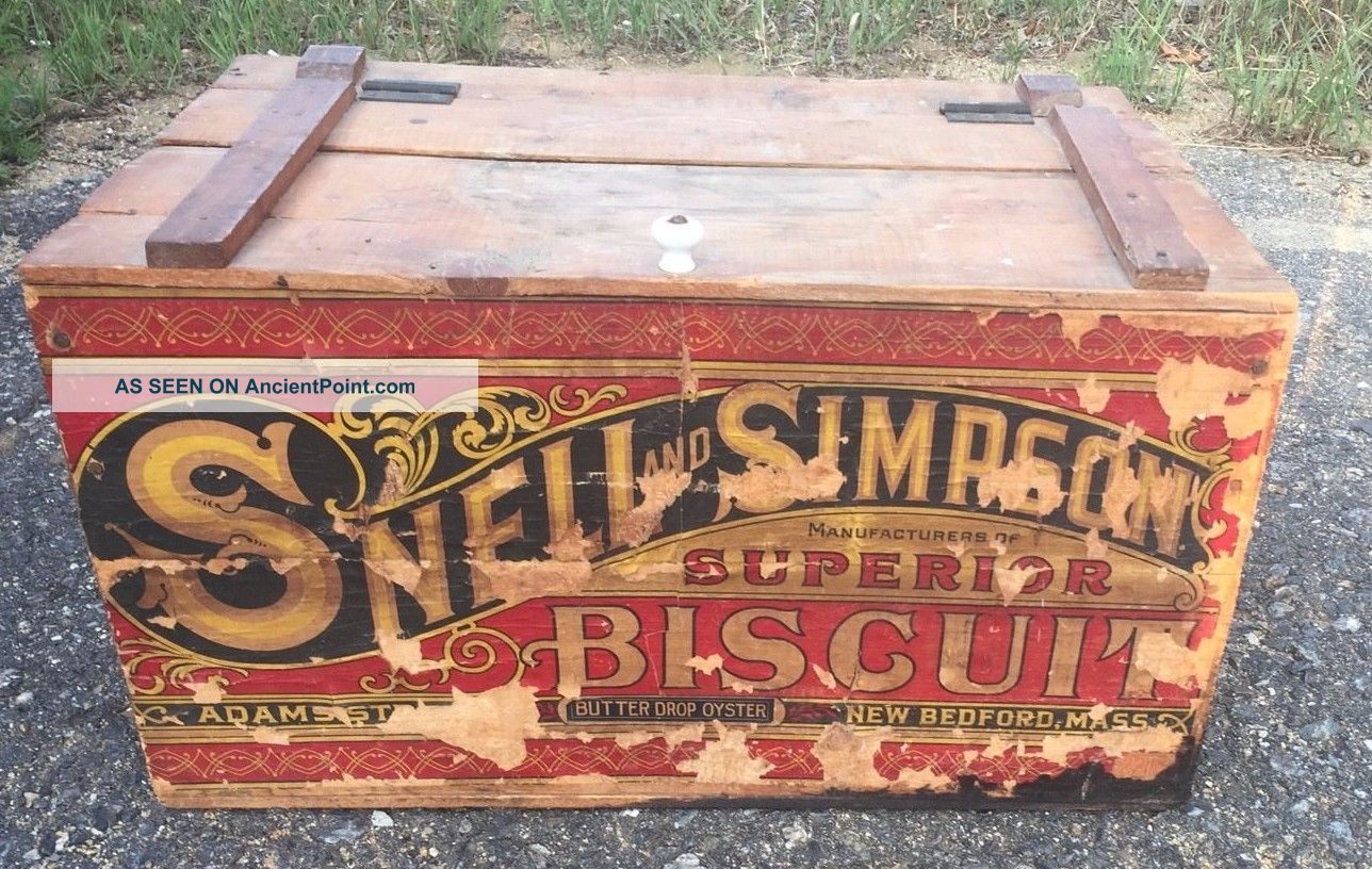 Old Wooden Advertising Box Crate Snell Simpson Biscuit Ma Bedford Primitives photo