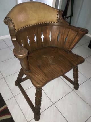 Vintage Romweber Viking Oak Arts & Craft Leather Back Captain Side Chair photo