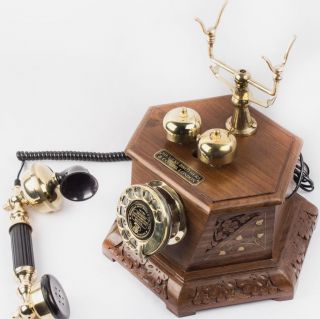 Rj11 Antique Vintage Old Style Look Six Corner Wooden Brass Telephone Tp 015 photo