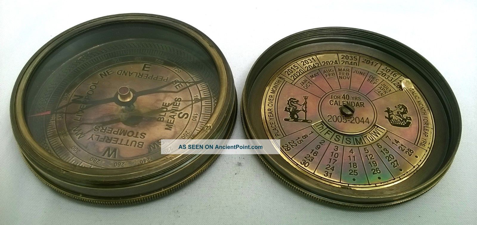 Antique Style Solid Brass Kelvin And Hughes London Compass With 40 Yrs Calendar Compasses photo