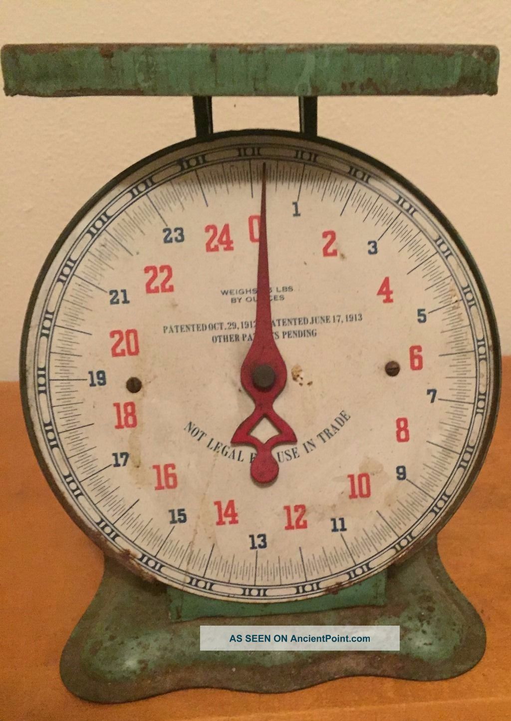 Vtg 1913 Green 25 Lb.  Kitchen Farmhouse Primitive Scale Red Numbers & Hands Nr Scales photo