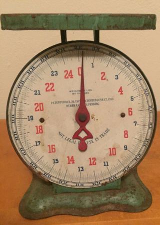 Vtg 1913 Green 25 Lb.  Kitchen Farmhouse Primitive Scale Red Numbers & Hands Nr photo