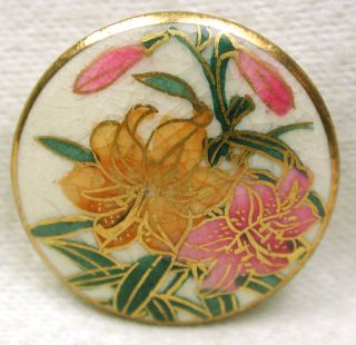 Vintage Satsuma Button Colorful Flowers Scene W/ Gold Accents 15/16 