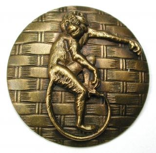 Lg Sz Antique Brass Button Monkey On Wicker Background - 1 & 1/2 