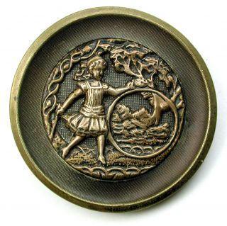 Lg Sz Antique Brass Button Little Girl Playing W/ Hoop & Stick - 1 & 5/16 