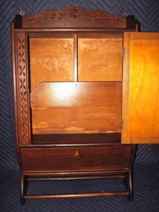 Fine Antique Carved Tiger Oak Victorian Medicine Cabinet With Beveled Mirror photo