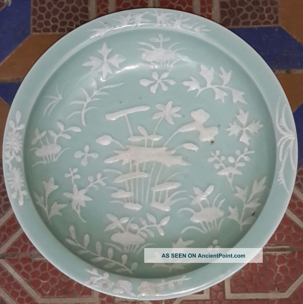 Large Antique Chinese Celadon Plate With Rare Motifed Plates photo