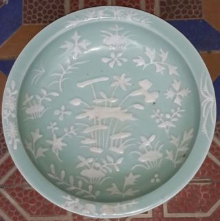 Large Antique Chinese Celadon Plate With Rare Motifed photo