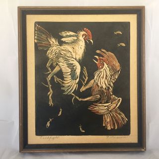 Fannie Mennen Woodblock Print Cockfight Signed Framed Folk Art Roosters Vintage photo