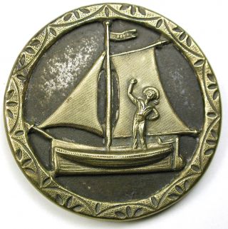Lg Sz Antique Brass Button Sailor Waving From A Boat - 1 & 7/16 