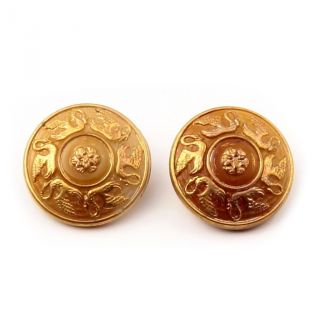 (2) 14mm Czech Art Nouveau Vintage Gold Gilt Swans Caramel Art Glass Buttons photo