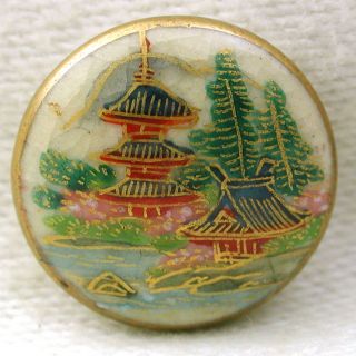 Vintage Satsuma Button Pretty Lakeside Pagoda Scene W/ Gold Accents - 5/8 