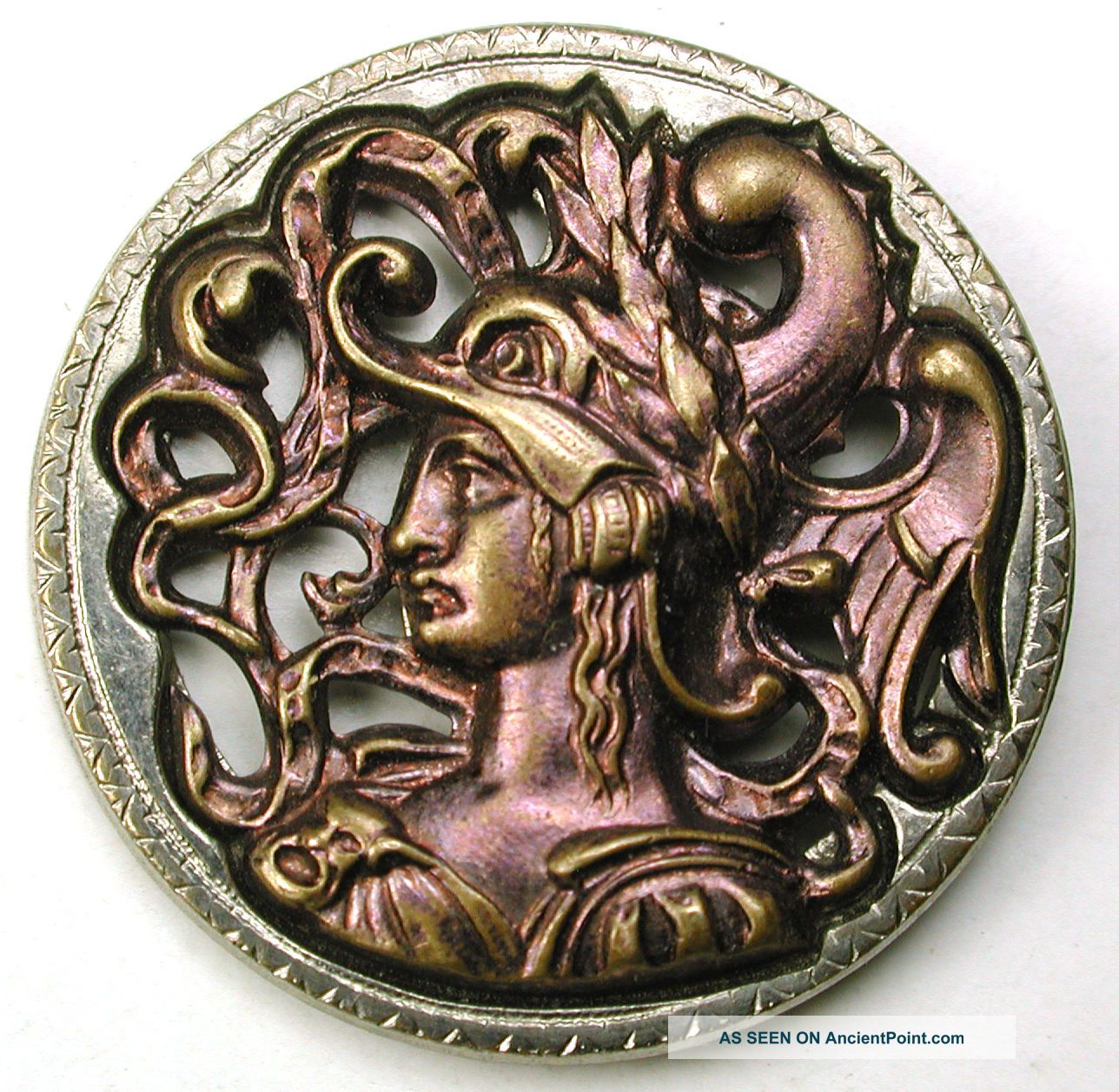 Antique Pierced Brass Button Goddess Minerva W/ Dragon Helmet - 1 & 1/16 