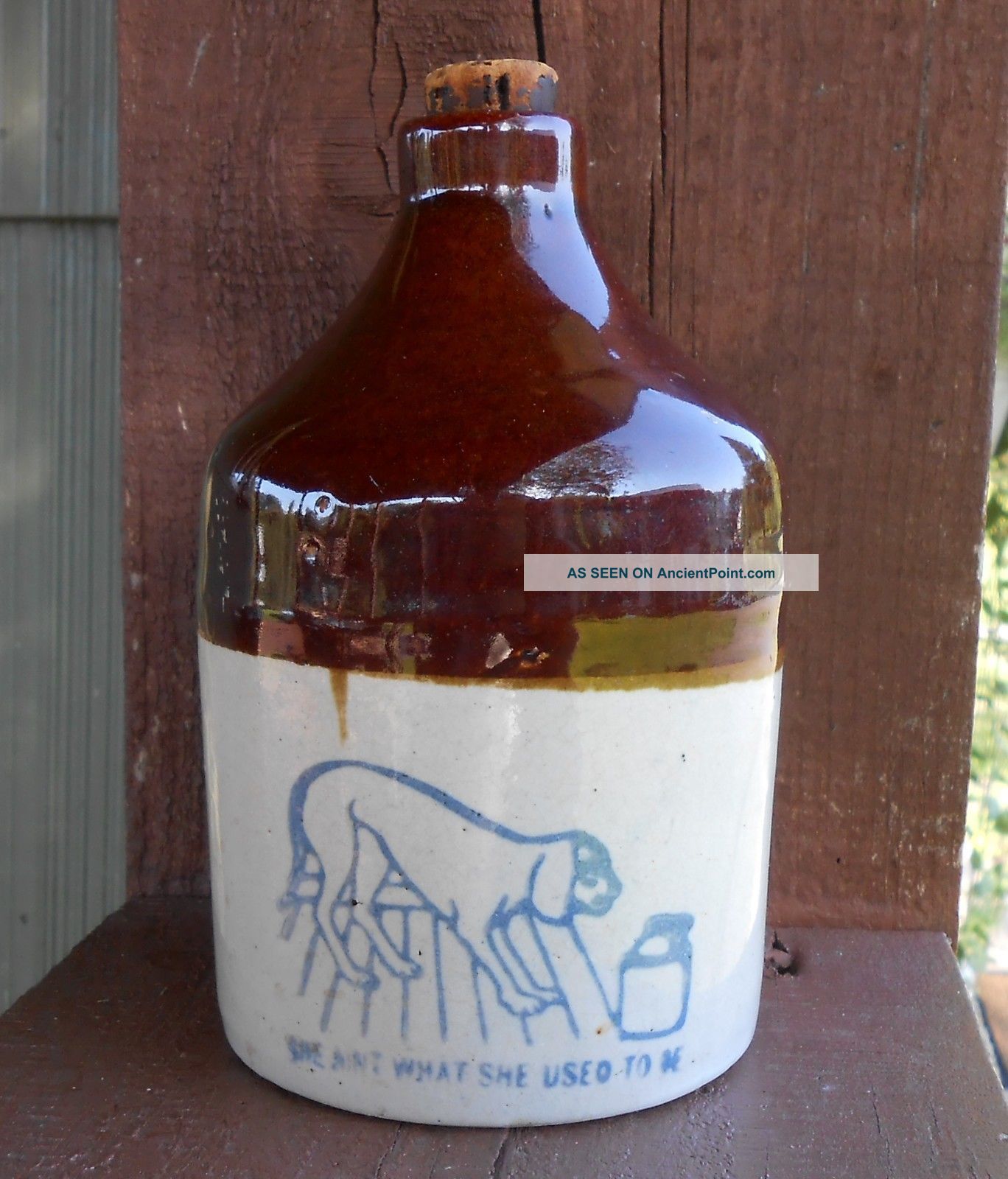 Antique Mini Stoneware Jug ' She Aint What She To Be ' Dog Prohibition Era? Jugs photo