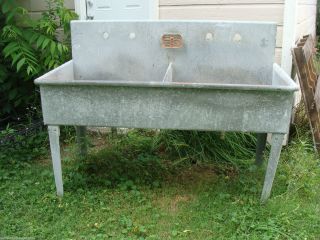 Large Antique Galvanized Double Basin Barn Industrial Sink Yard Garden Decor photo