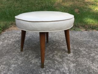 Vintage Mid Century Modern White Vinyl Ottoman Foot Stool Wood Tapered Legs 60 ' S photo