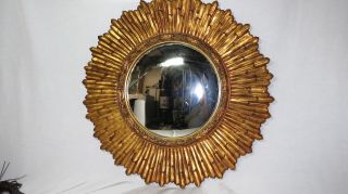Vintage Art Deco Nouveau Gold Gilded Star Burst Carved Wood Convex Mirror photo