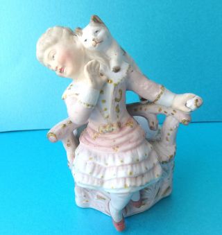 Antique Bisque China Match Striker/holder,  Seated Girl With Playful Cat. photo