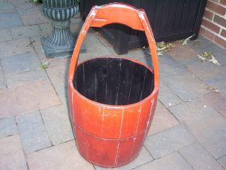 Vtg Large Primitive Red/orange? Wood Water Barrel/bucket/pail W/handle photo