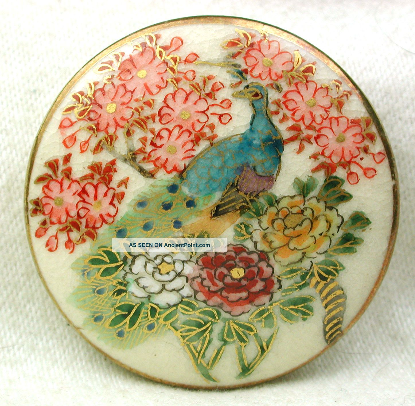 Antique Satsuma Button Peacock & Peony Flowers Large Size 1 & 5/8 