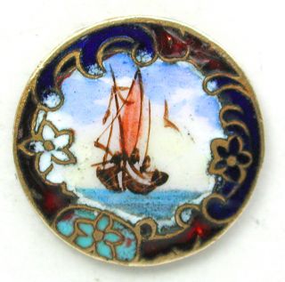 Antique French Enamel Button Sailboat Pictorial W/ Champleve Border - 5/8 