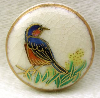 Vintage Satsuma Button Colorful Bird & Flower Scene W/ Gold Accents 3/4 