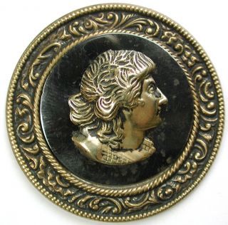 Antique Button Brass Classical Man ' S Head On Steel Disc W/ Brass Border 1 & 1/2 