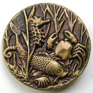 Antique Brass Button Seahorse Fish & Crab Pictorial Design - 1 