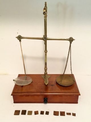 Antique Apothecary Chemist Balance Scales With Weights And Drawer Brass Pans photo