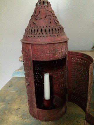 Early Antique 19th C Pierced Tin Lantern With Old Paint photo