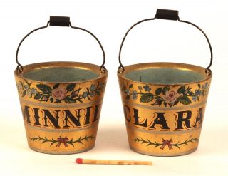 Antique 19th C Treenware Peaseware Miniature Gilt Buckets Folk Art photo